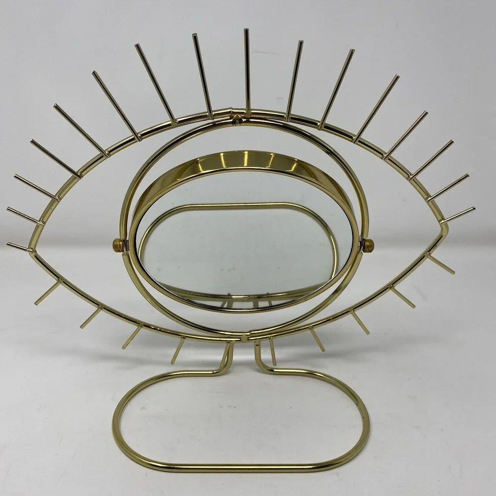 Open Eye-Shaped Gold Metal Double-Sided Vanity Makeup Magnifying Mirror 14x11x4
